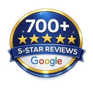 Gold-bordered badge showing 700+ five-star reviews with a Google logo beneath.