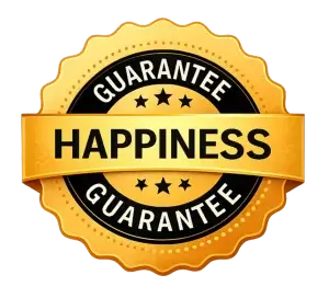 Gold and black badge displaying "Happiness Guarantee" with star accents on a black background.