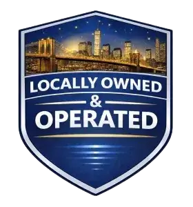 Shield emblem with a city skyline at night and the text "Locally Owned & Operated" in bold letters.